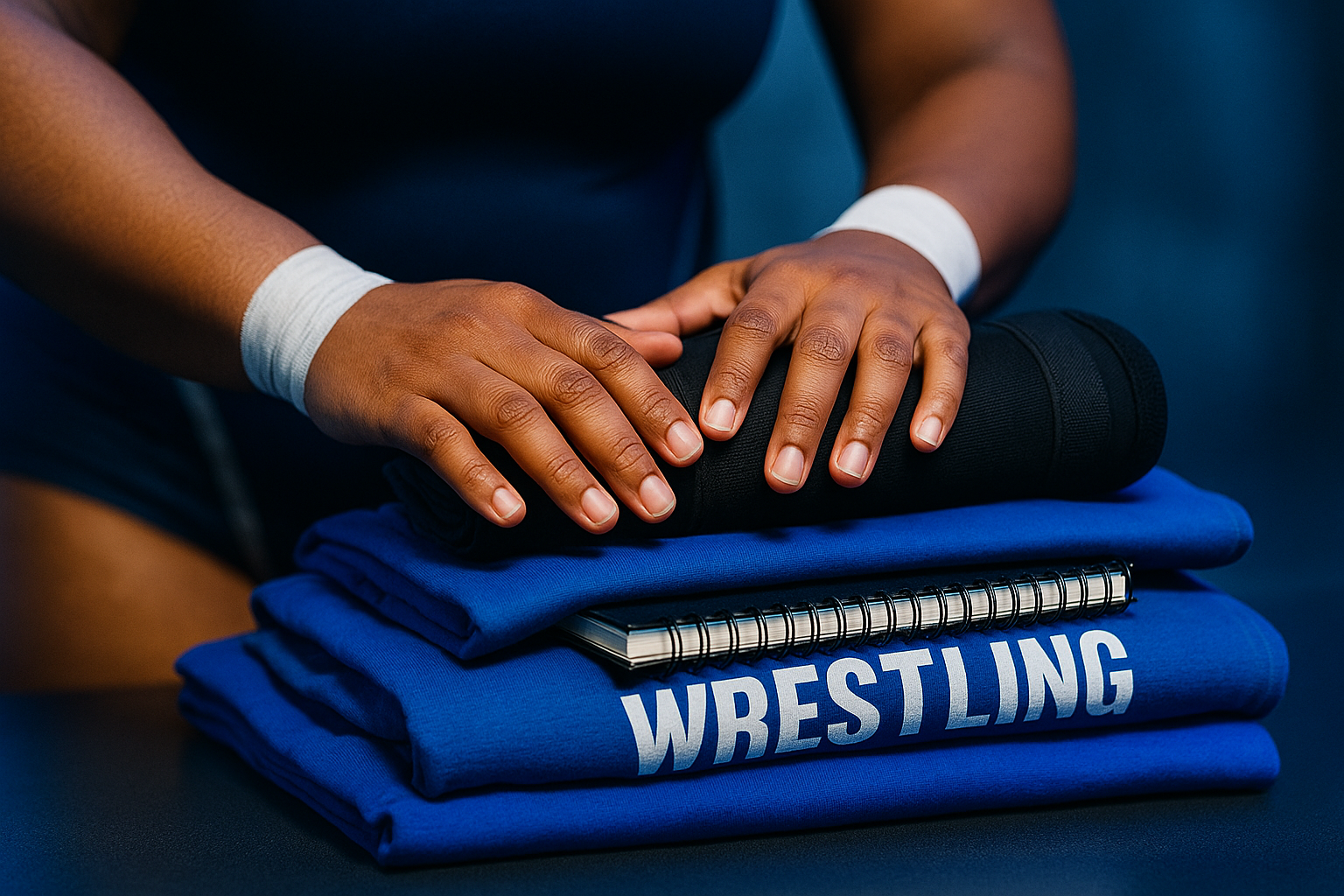 Hands stacking branded merchandise, training gear, and notebooks, representing transformation of work into assets.
