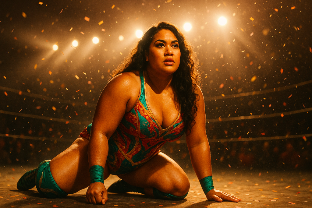 Wrestler rising from the mat under blinding spotlights with confetti and dust swirling, symbolizing comeback and renewed momentum.