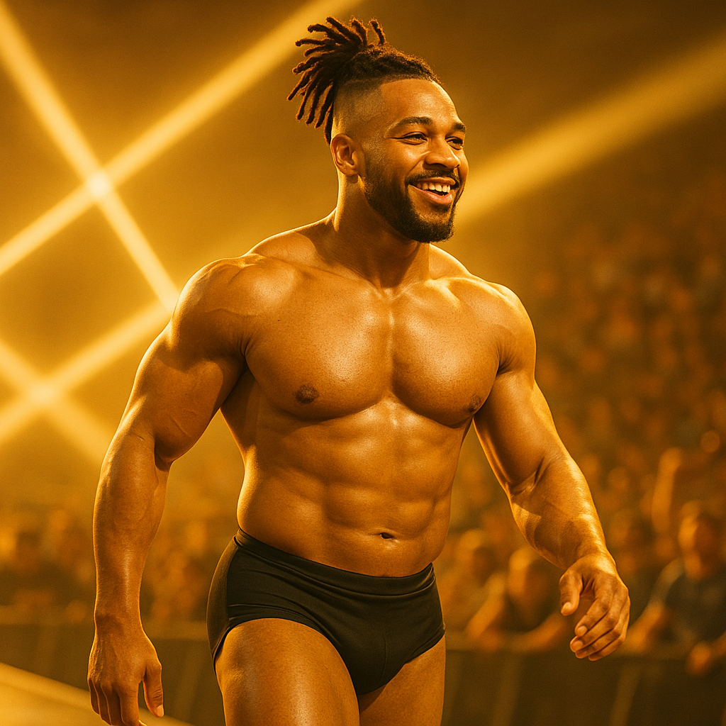 Wrestler walking down the entrance ramp beneath golden light beams, surrounded by a glowing crowd that reflects charisma and optimism.