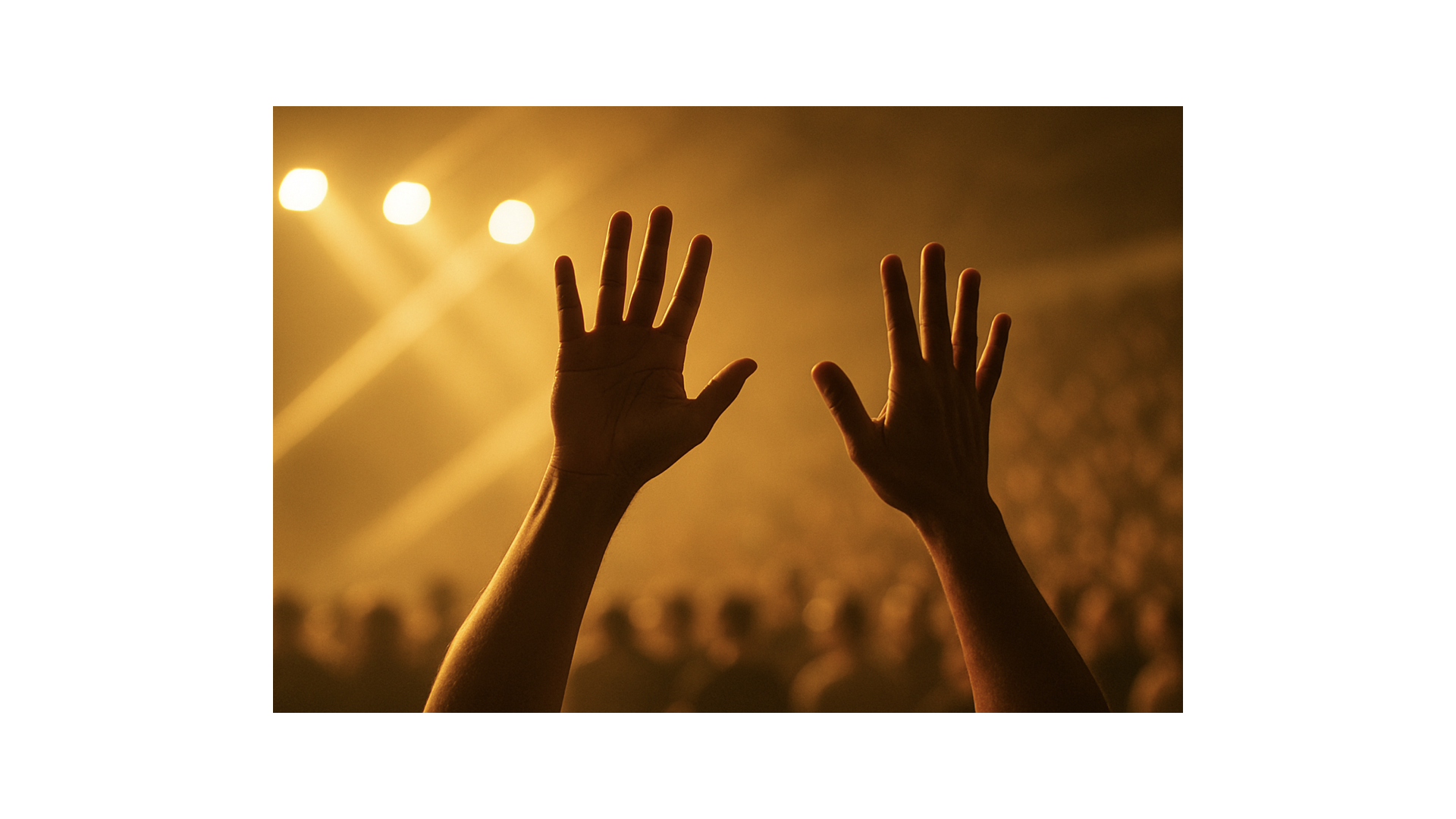 Hands raised under bright arena lights with faint crowd silhouettes in the background, symbolizing shared energy and connection.