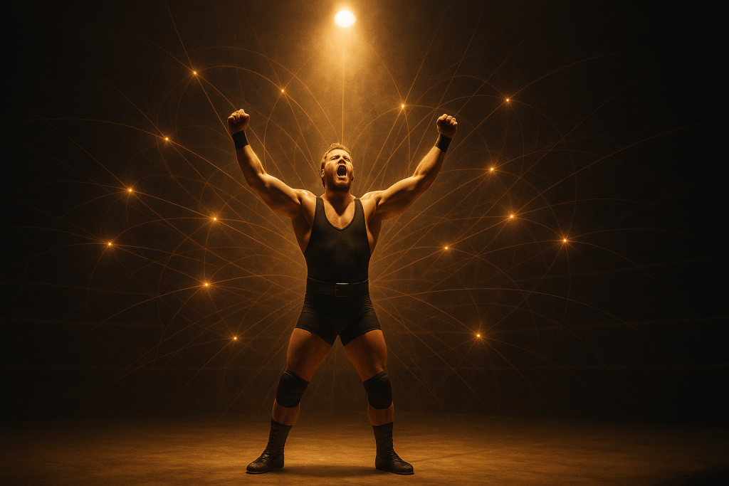 Wrestler standing on an empty stage beneath a single spotlight, surrounded by glowing energy lines that symbolize enthusiasm, expansion, and future potential.