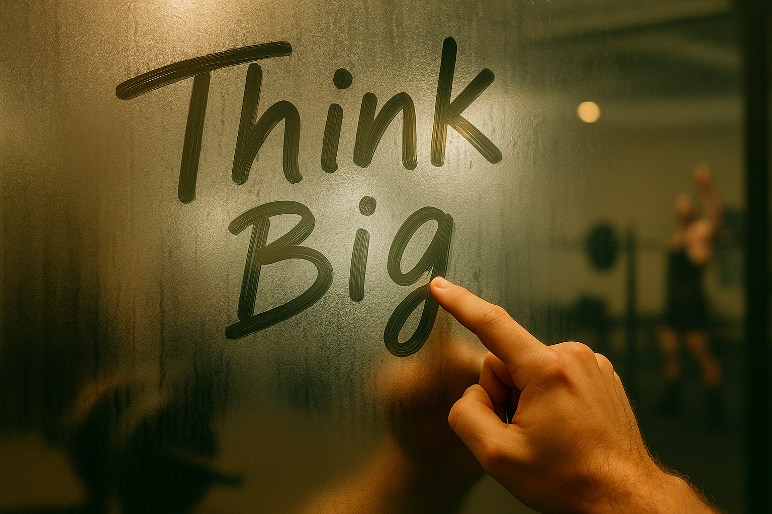 Hand writing 'Think Big' on a fogged mirror with a gym reflected in the background, symbolizing optimism and forward focus.