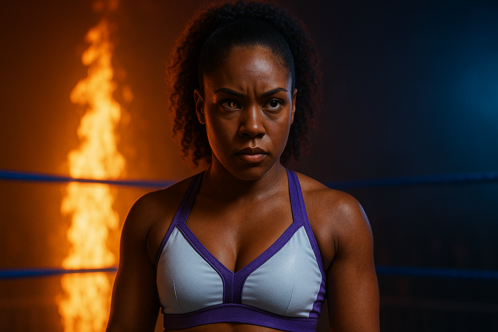 restler standing in a half-lit ring with fire reflecting in one eye and calm focus in the other, symbolizing balance between passion and authenticity.