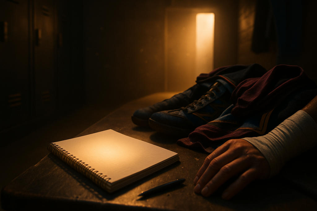 Locker room scene with a notepad beside wrestling gear and taped wrists, soft arena light shining through the doorway, symbolizing reflection and readiness.