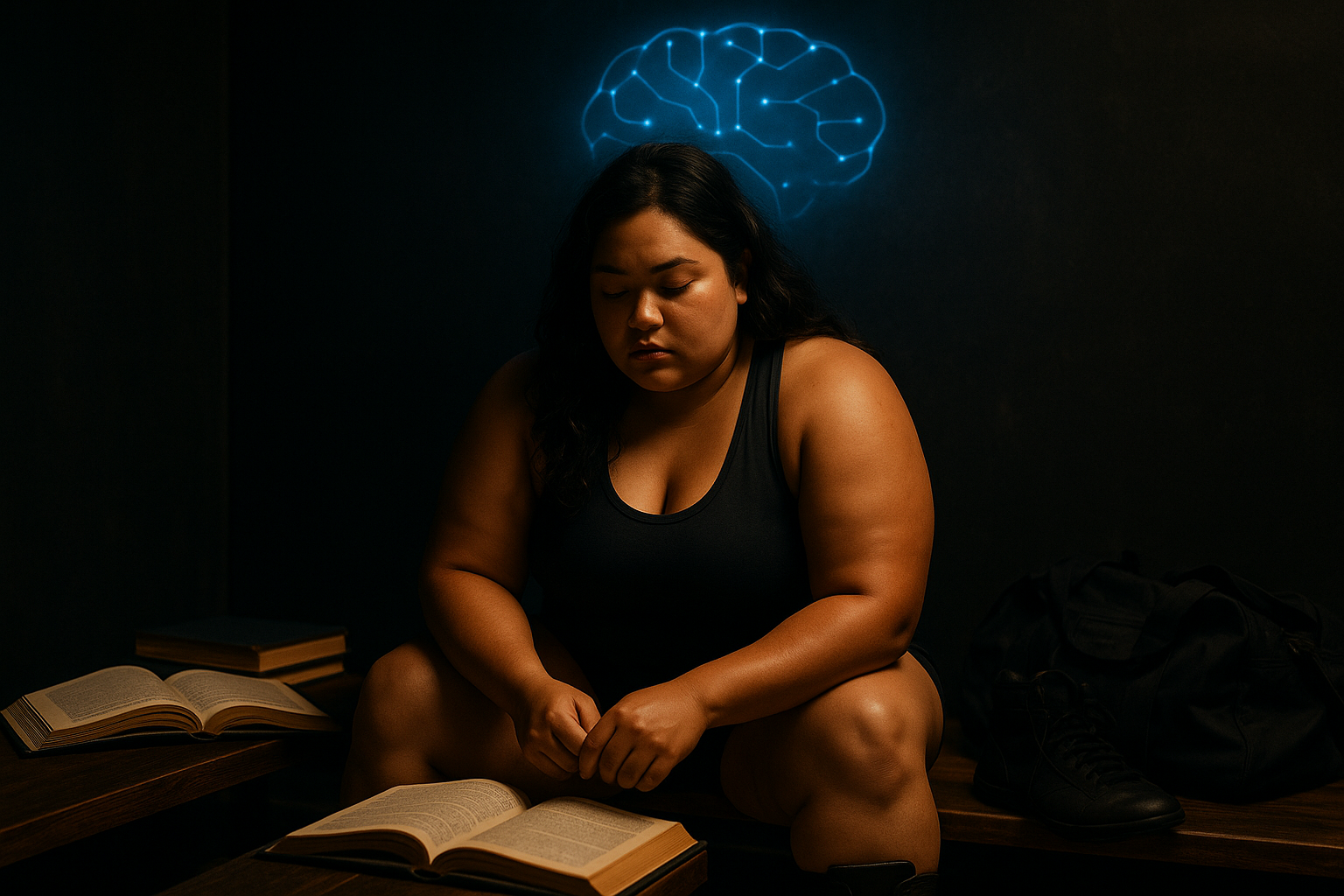 Wrestler seated in a dim locker room surrounded by books and gym gear, faint blue light forming a brain outline above him, symbolizing knowledge and strategy.