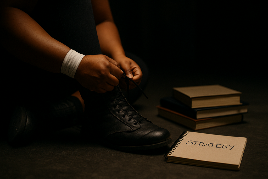 Wrestler lacing boots beside a stack of books and a notepad labeled “Strategy,” representing the link between mental and physical preparation.