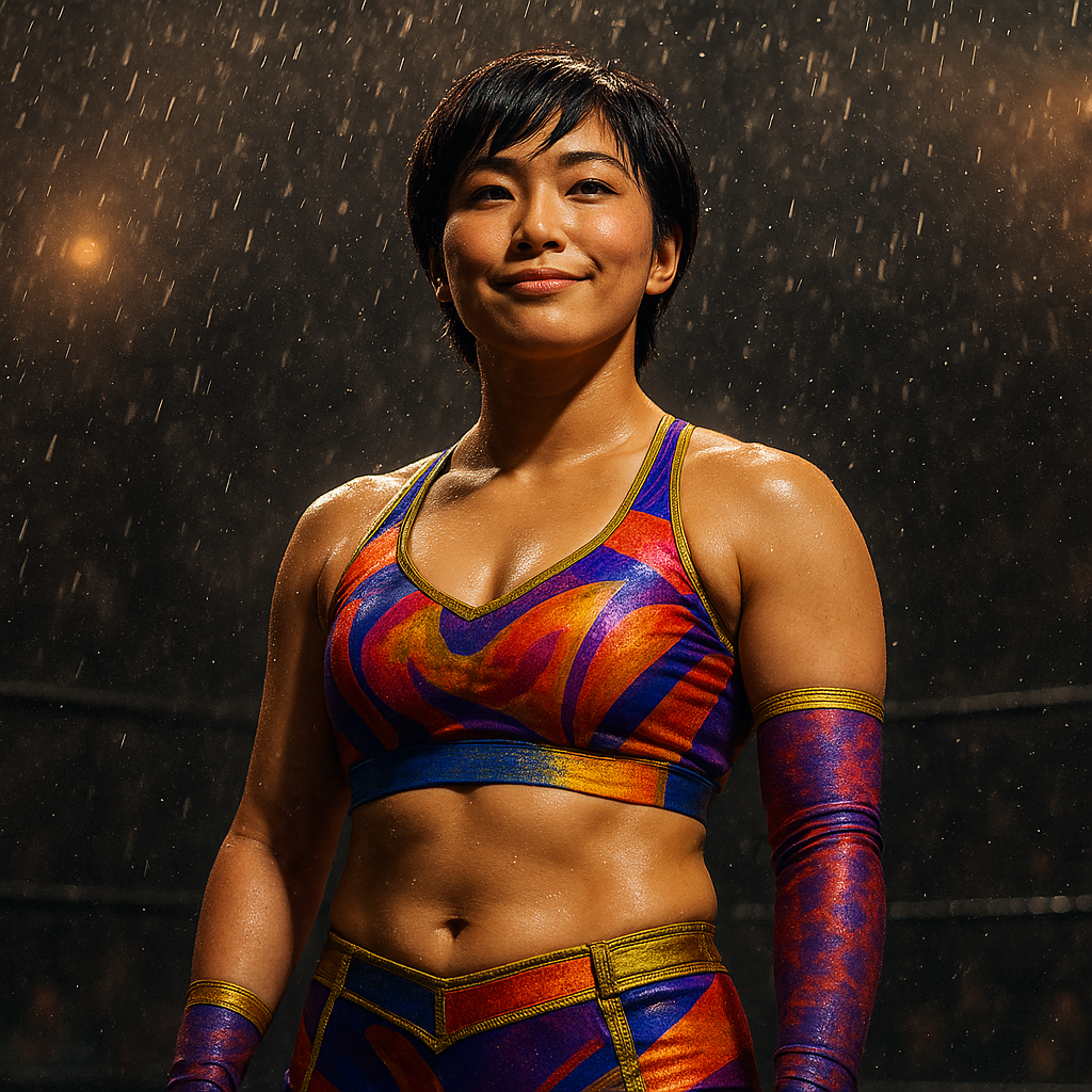 Lone wrestler standing tall in a rain-soaked arena mid-match, symbolizing resilience and courage under imperfect conditions.
