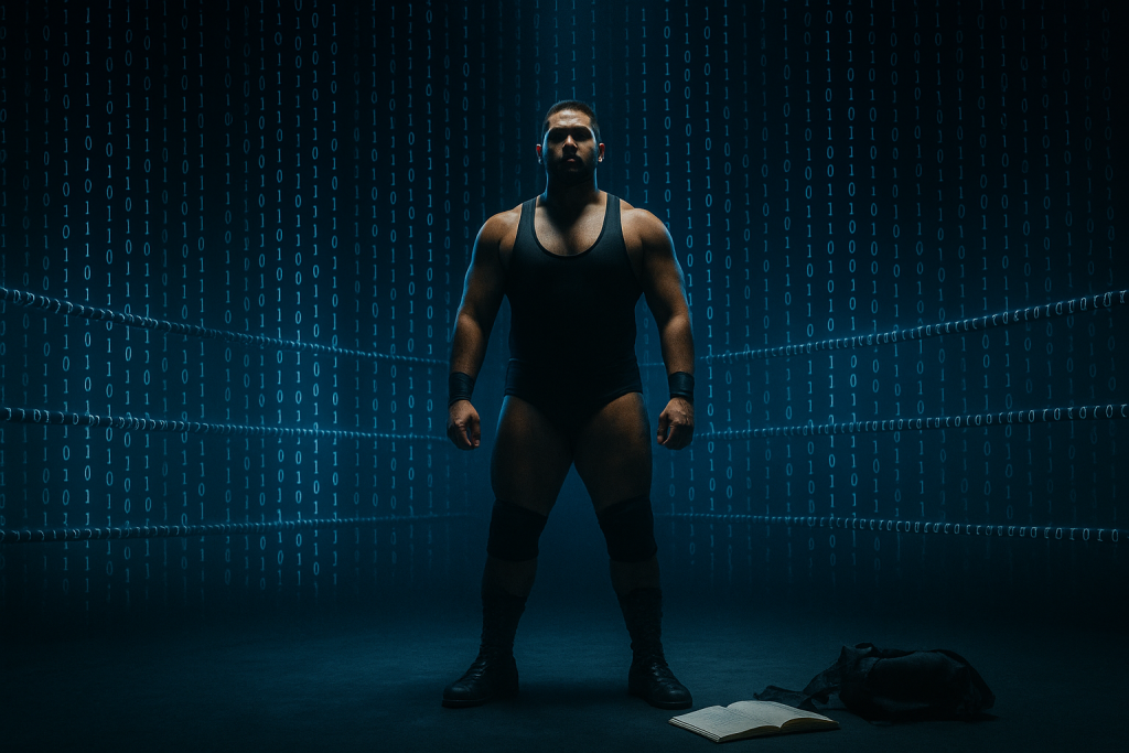 Wrestler standing in a dark arena illuminated by cascading binary code forming ring ropes, symbolizing subconscious programming and destiny.