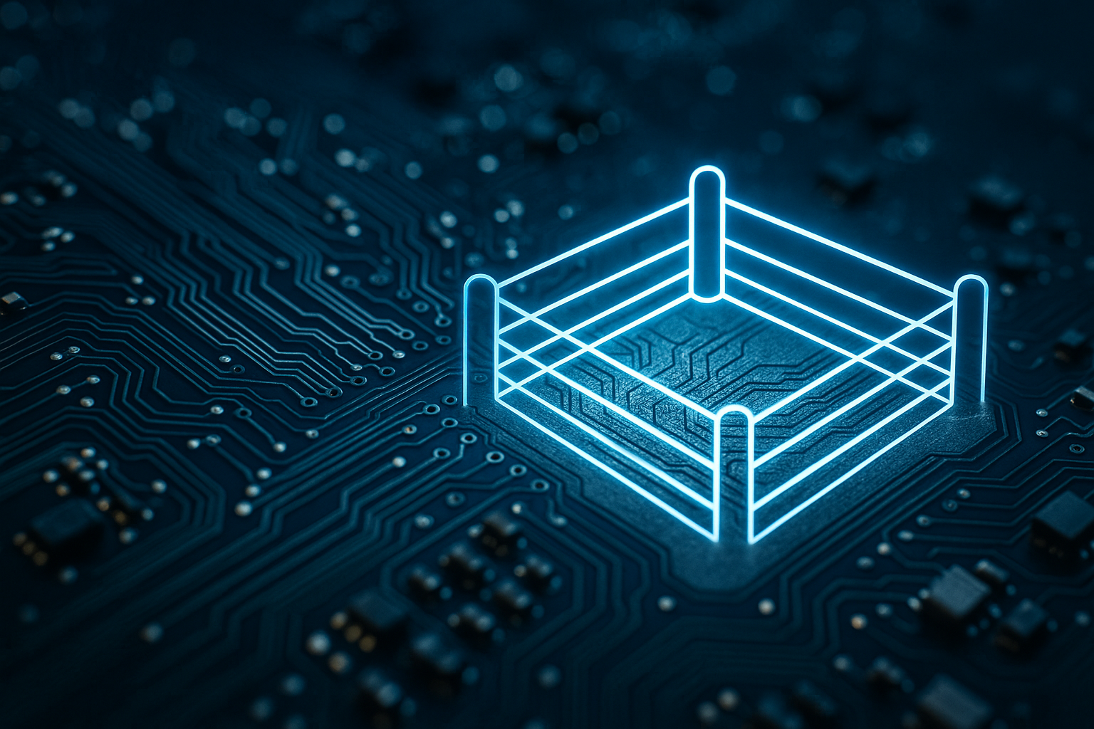 Digital circuit board merging into a glowing wrestling ring outline in blue and silver tones, representing mindset control and divine guidance.