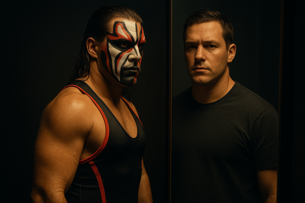 Wrestler facing a mirror split between their in-ring persona and real self, symbolizing identity, ownership, and control over one’s image.