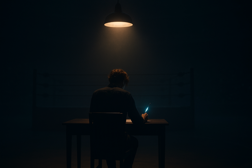 Lone writer at a desk under a single spotlight in a dark arena with a faint wrestling ring outline, symbolizing creation and escape from comfort.