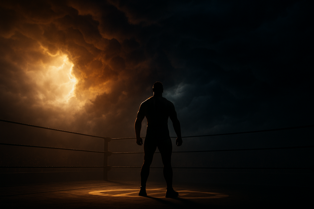 Wrestler standing in a split-lit arena beneath swirling storm clouds, representing pressure, resilience, and transformation.