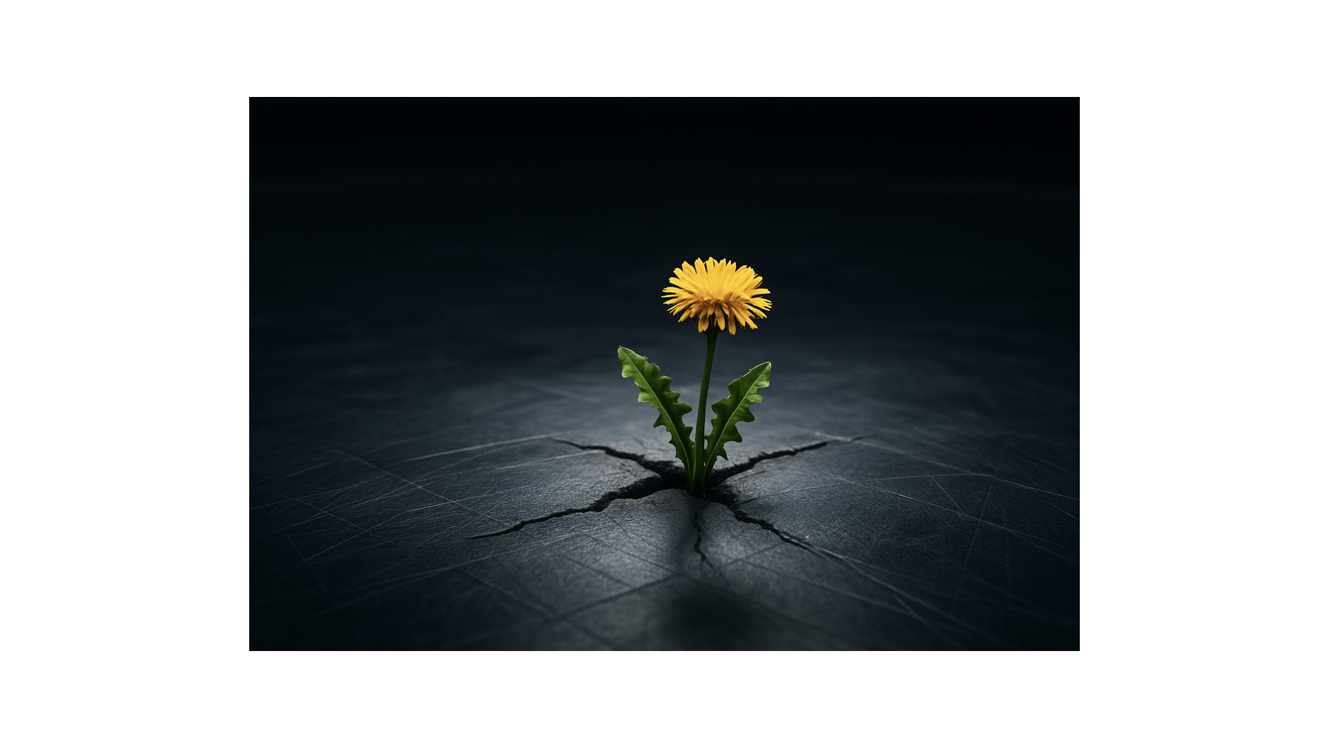 Cracked wrestling mat with a dandelion growing through it beneath a single spotlight, symbolizing persistence through adversity.