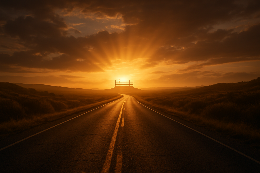 Winding road under golden morning light with a faint wrestling ring on the horizon, symbolizing persistence and direction toward destiny.