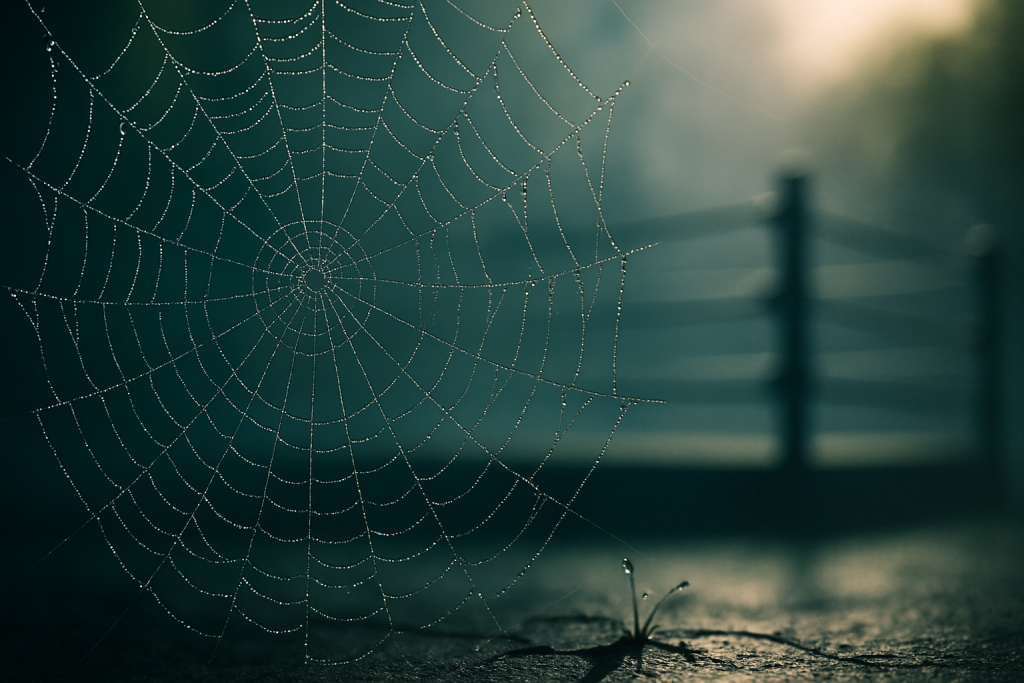 Spider web glistening with morning dew, backlit by a faint wrestling ring silhouette, symbolizing patience, structure, and mastery through daily effort.