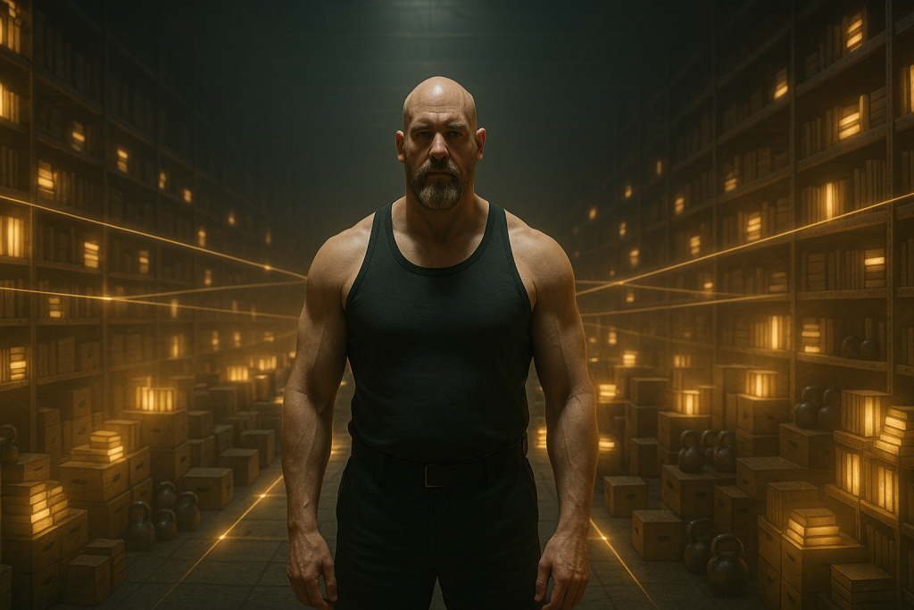 Wrestler standing in the center of a glowing warehouse filled with books and training equipment, symbolizing knowledge transformed into power.