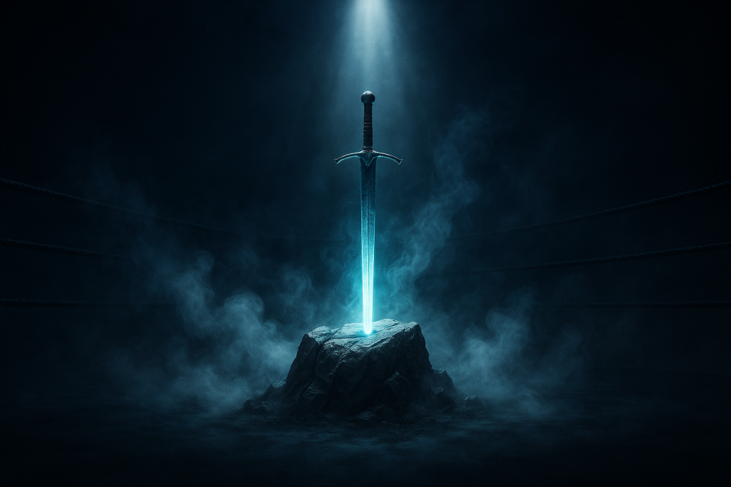 Glowing sword embedded in stone within a wrestling-style arena surrounded by mist and spotlight beams, symbolizing belief, persistence, and destiny.
