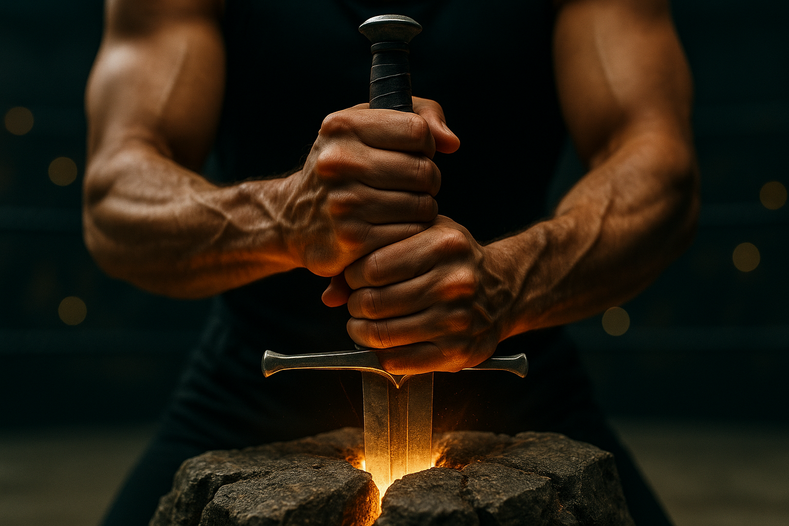 Wrestler’s hands gripping the sword’s hilt as light breaks through the stone, representing transformation through unshakable faith and effort.