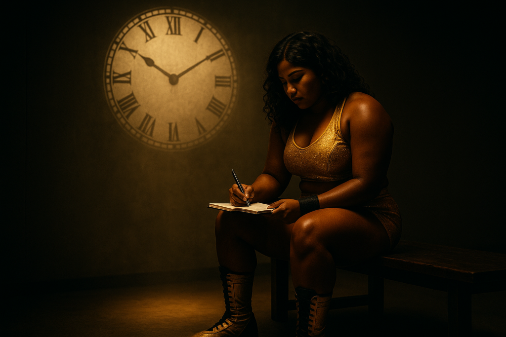 Wrestler writing in a training log beneath a projected clock face, symbolizing discipline, time, and faith.