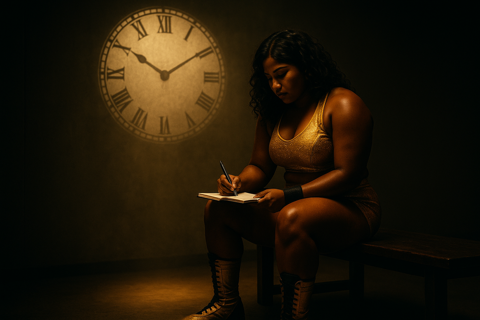 Wrestler writing in a training log beneath a projected clock face, symbolizing discipline, time, and faith.