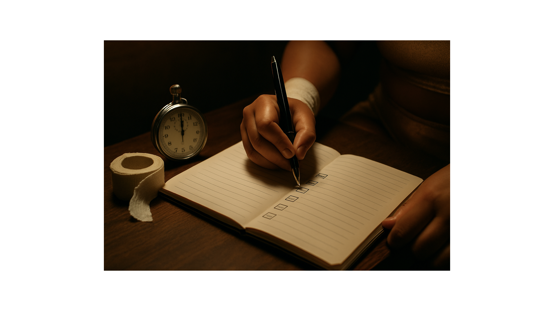 Hand checking boxes in a training journal beside a stopwatch and wrist tape.